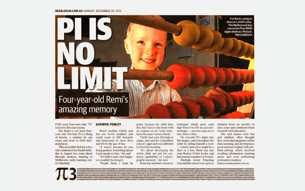 A picture of a newspaper article featuring a 4 year old Shichida whole-brain program student with an amazing memory