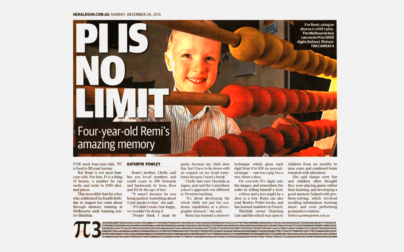 A picture of a newspaper article featuring a 4 year old Shichida whole-brain program student with an amazing memory