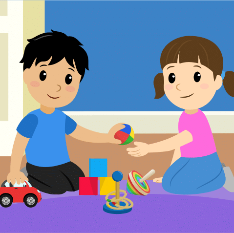 Illustration of Raising EQ and IQ, emotional development in early childhood, featuring siblings playing on the floor with toys, they are sharing.