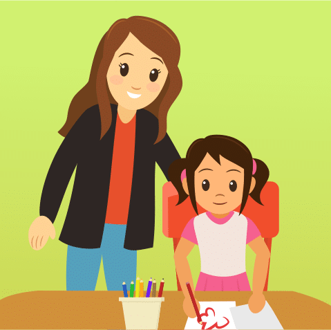 Illustration for Enhance Parent-Child Bond through learn and play, featuring a friendly mum watching her daughter draw a picture at a desk.