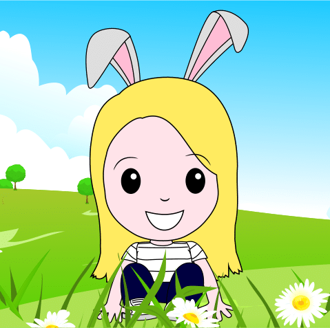 Illustration for image training activities, imagination and visualisation, featuring a young girl in a field of grass and flowers, with rabbit ears - she is using her imagination.