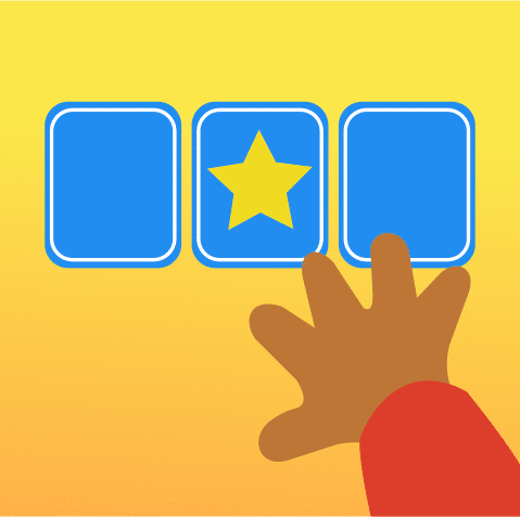 Illustration of Intuition Education Training Games, featuring a hand hovering over 3 playing shape cards.