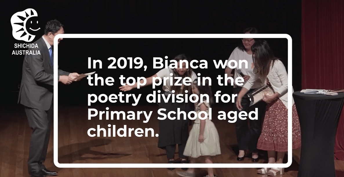 A young Shichida student, winning a prize for poetry