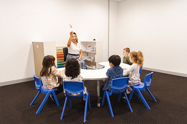 Field of Vision Eye muscle training in a Shichida class, here 6 kids follow a stick with a character on it with their eyes while keeping their heads still