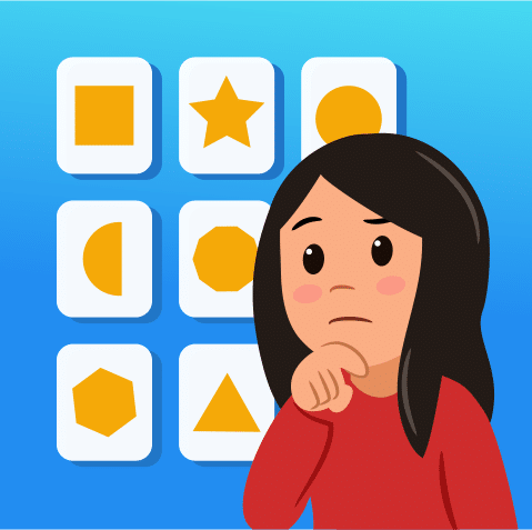 Working Memory Training, Memory Training for children, illustration showing a girl thinking, next to memory cards with shapes on them