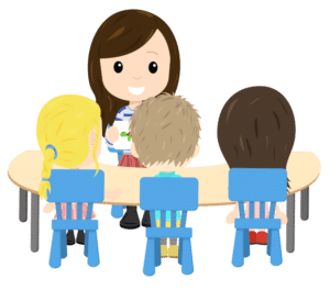 early childhood lesson plans Australia, featuring an illustration of a Shichida teacher showing flashcards to kids in a class