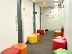 Parramatta Learning Centre interior showing colourful ottomans