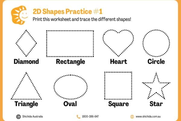 Free 2D Shapes Worksheets - A 2d shapes tracing worksheet for kids by Shichida Australia