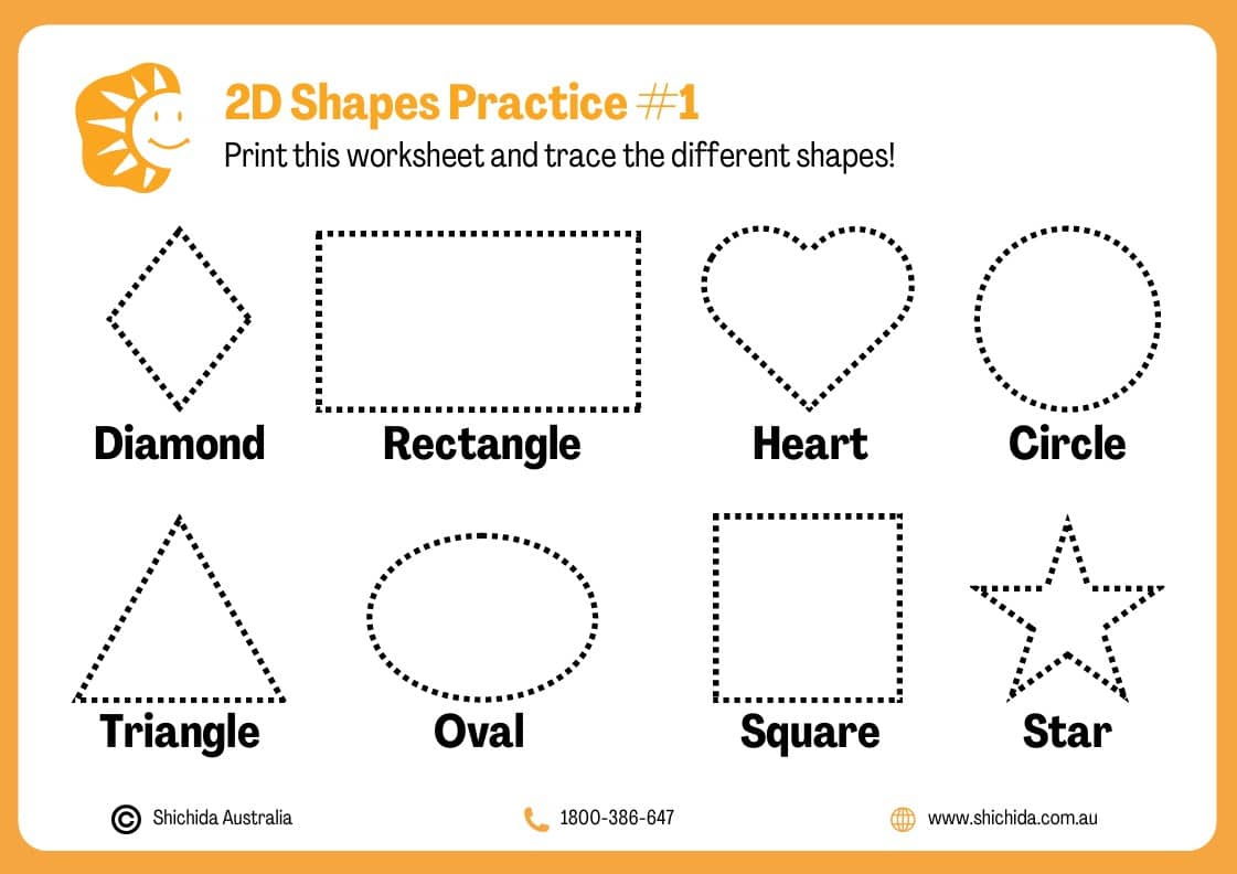 Free 2D Shapes Worksheets - A 2d shapes tracing worksheet for kids by Shichida Australia
