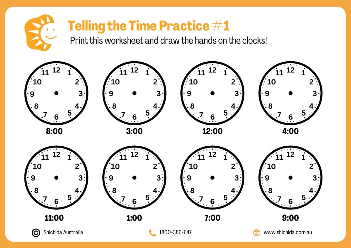 telling the time worksheets, Telling the time practice sheet for kids