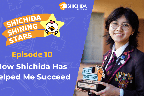 Episode 10 Shichida podcast image featuring a past student SHICHIDA graduate holding a trophy Jacqueline Soon-Legaspi