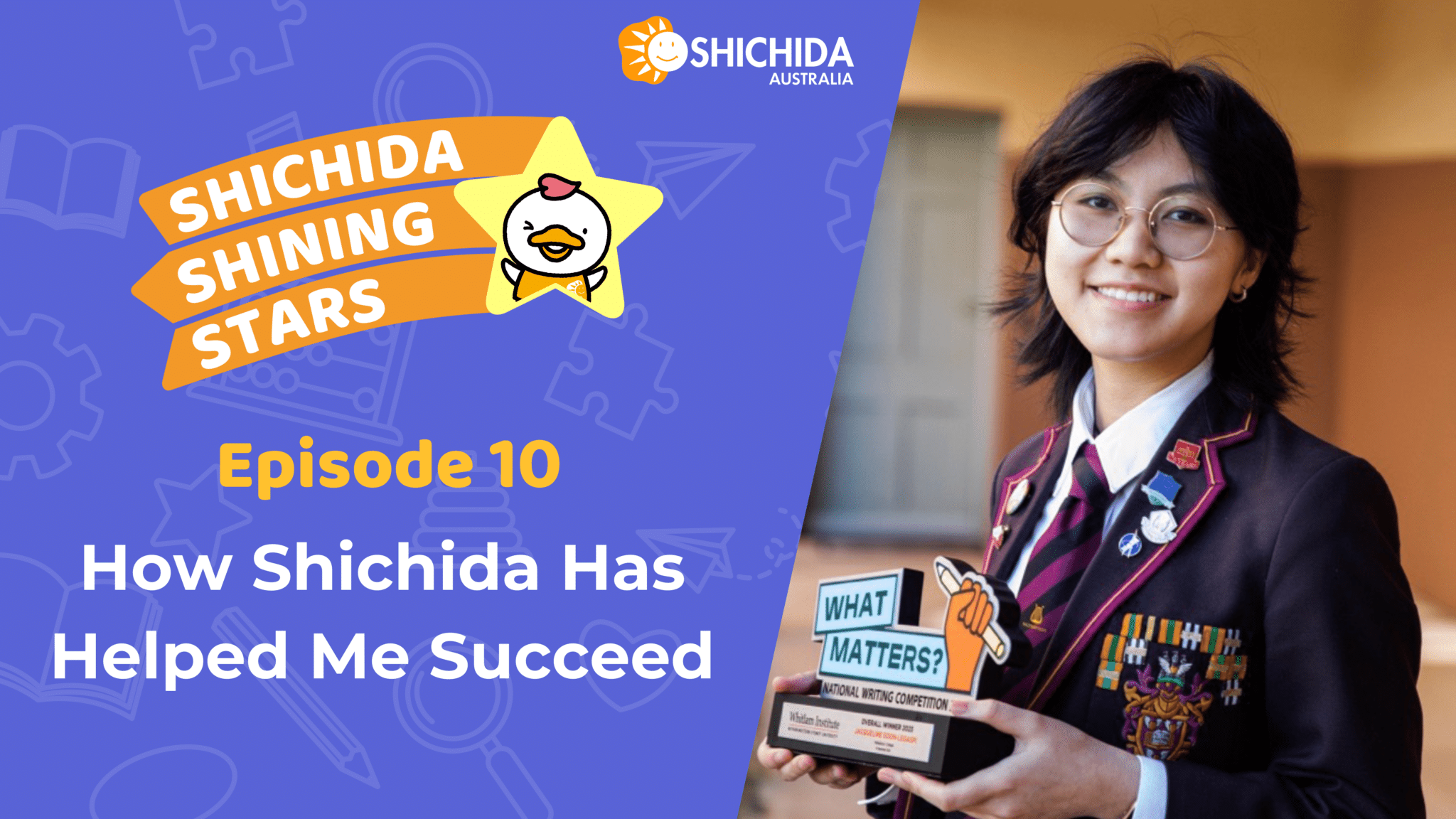 Episode 10 Shichida podcast image featuring a past student SHICHIDA graduate holding a trophy Jacqueline Soon-Legaspi