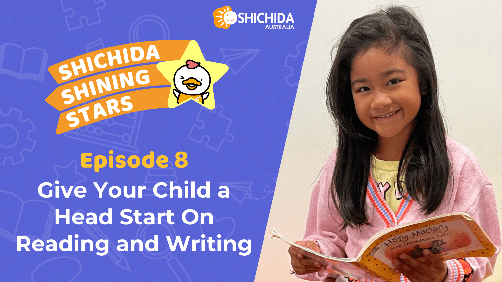 Episode 8 Shichida podcast about Teaching your child how to read and write, shows a young girl reading a book
