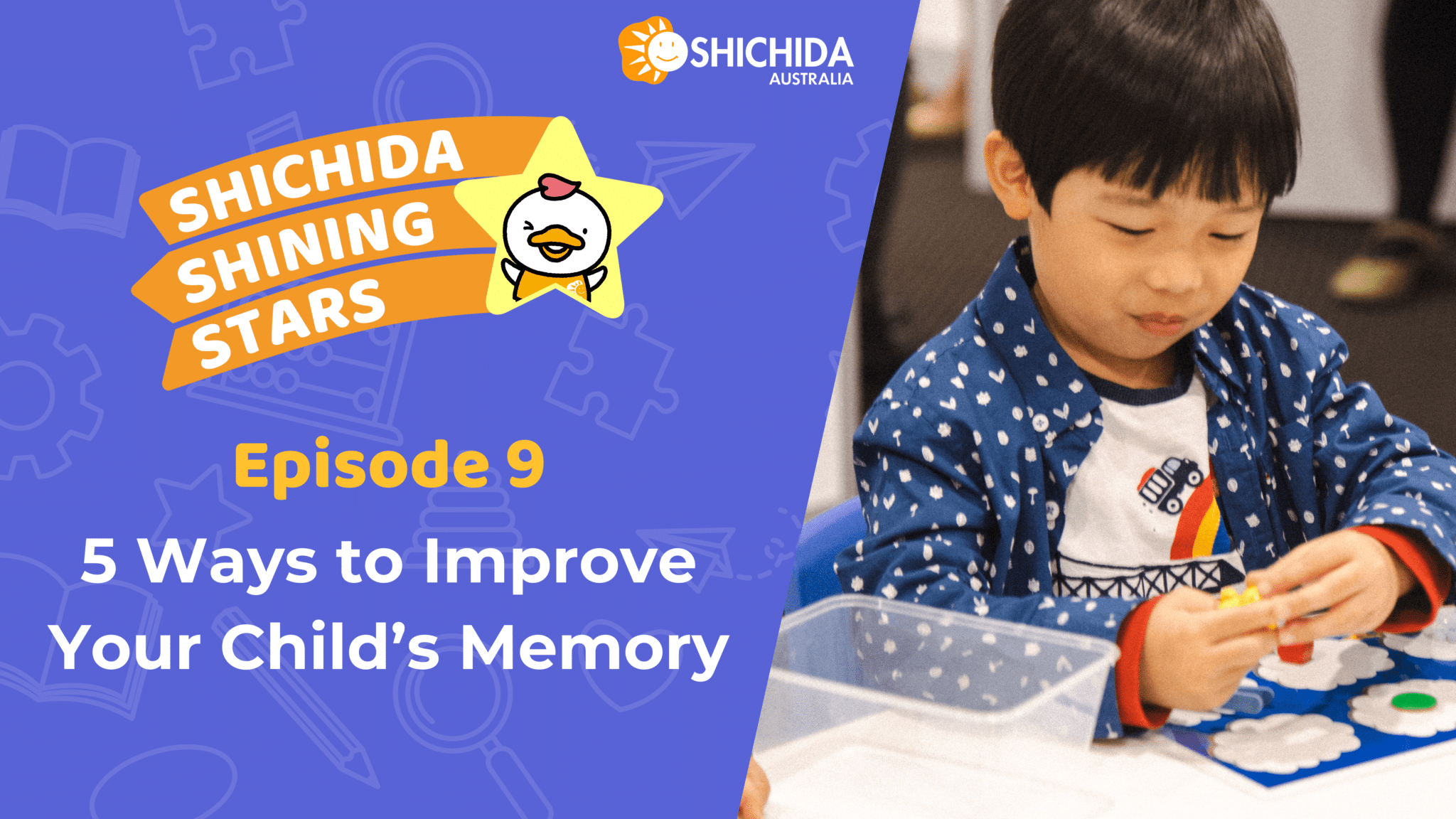 Episode 9 Shichida podcast about Developing a strong memory in your child, featuring a young boy playing a memory game