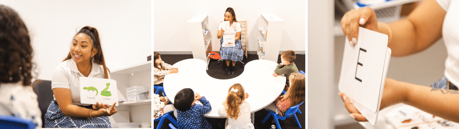 About Flash cards How to use flashcards: Early learning teacher showing kids flashcards in a Shichida class