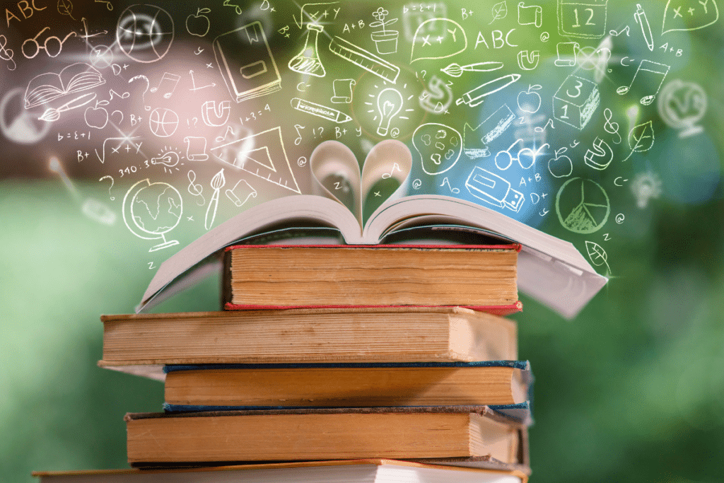 Encourage love of learning: a stack of thick vintage looking books