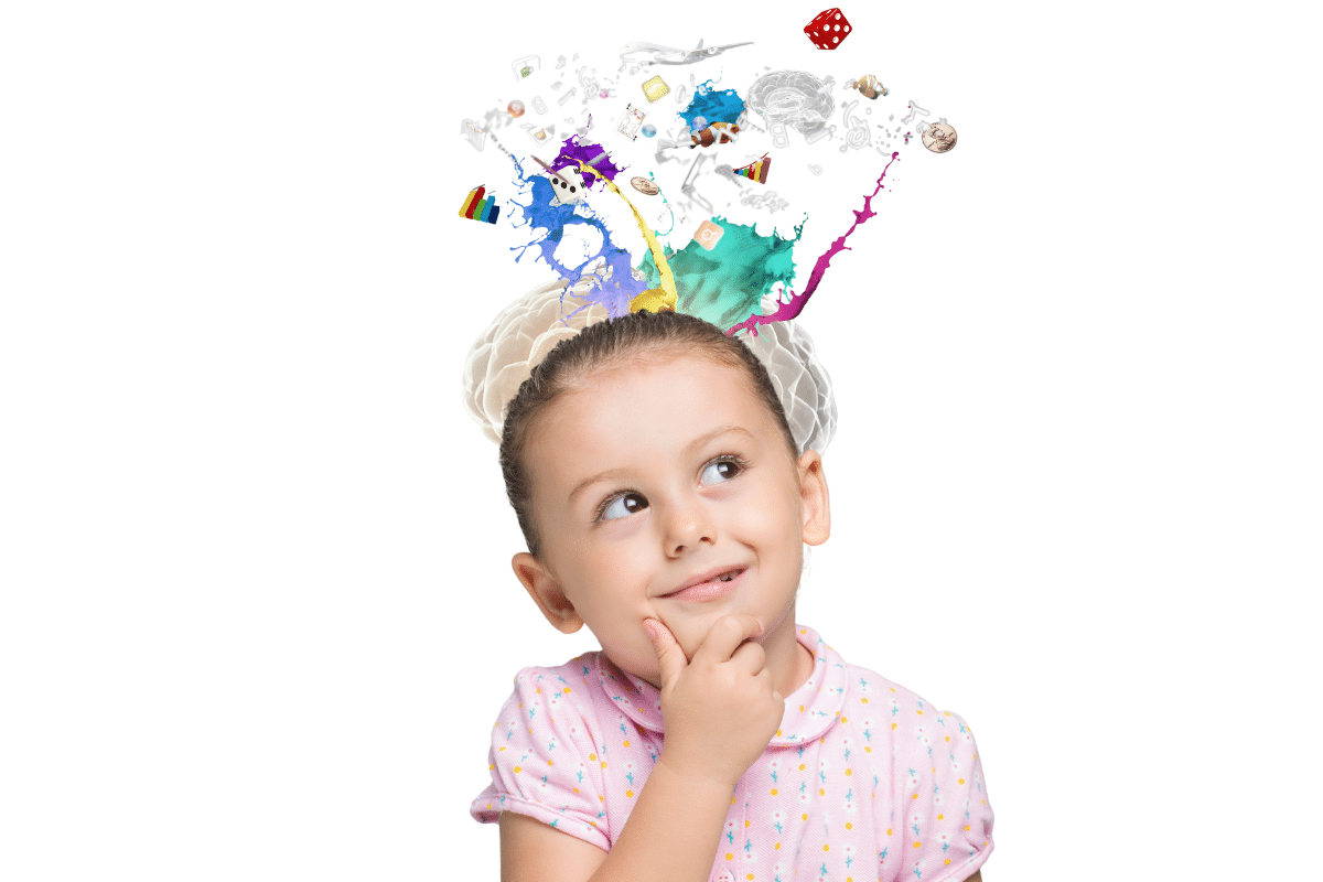 A graphic showing a young girl thinking with ideas popping from her mind to demonstrate short term vs long term memory in children