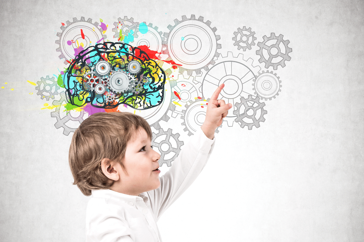 How a child's memory formation works, shown by a child having an idea, and graphic behind him showing a brain and gears to imply that thinking is at work