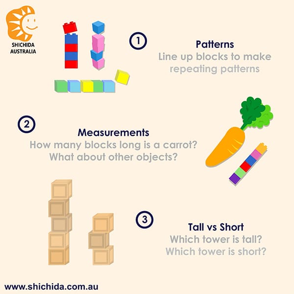 Shows three ideas and tips to learn with blocks at home