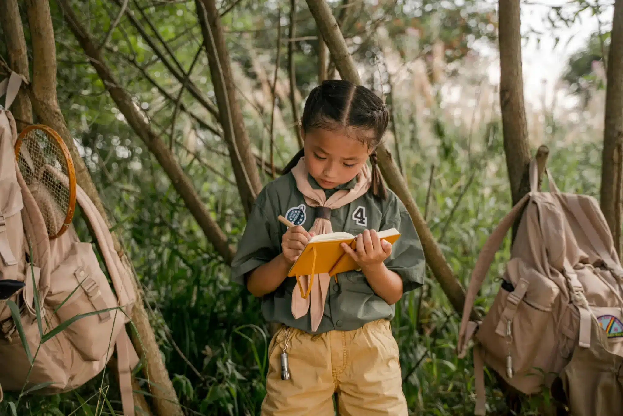 A young girl with braided hair and a scarf writing in a yellow notebook outdoors in a wooded area with backpacks.