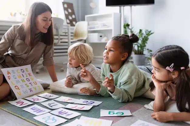 Flashcards toddlers: An adult and four young children sitting on a rug learning with flashcards.