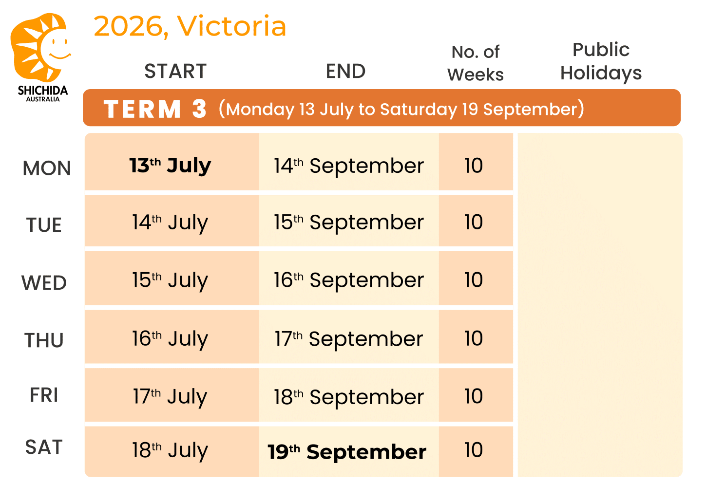Shichida term 3 dates VIC 2026