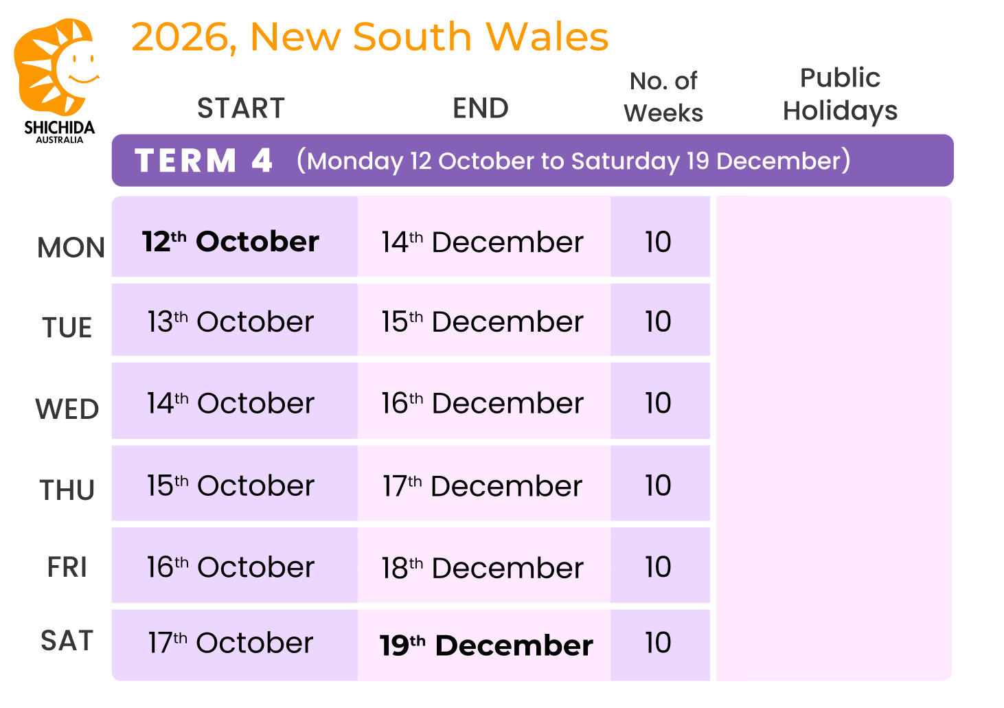 Term 4 schedule for New South Wales