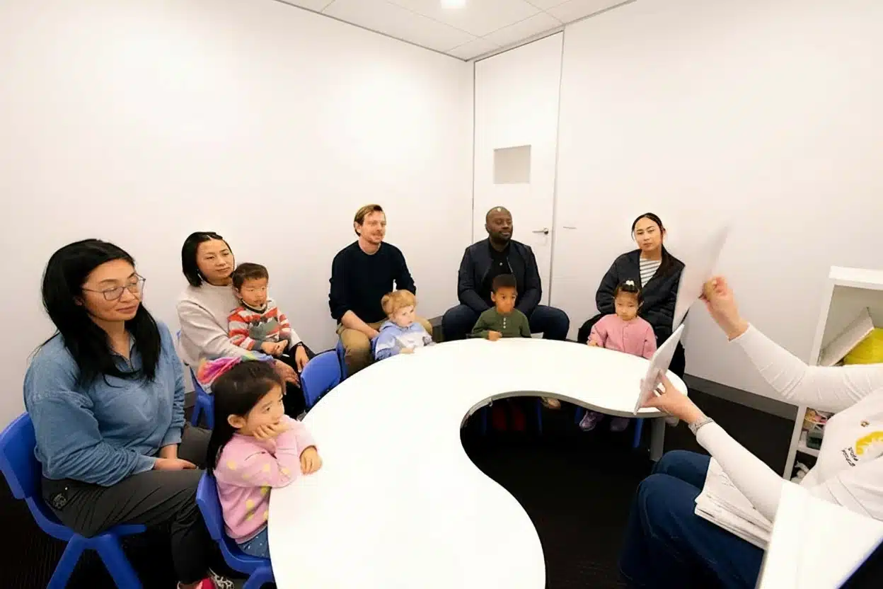 Parents participating in their child’s learning with Shichida Method dot flashcards